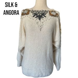 Vintage Beaded Sequin SILK ANGORA Cream Ivory Gold Black Silver Sweater Sz Large